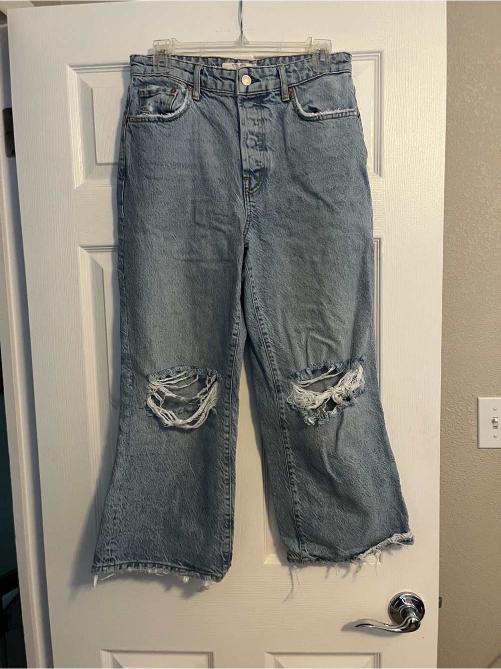 We The Free Light Wash Distressed Wide-Leg Jeans
